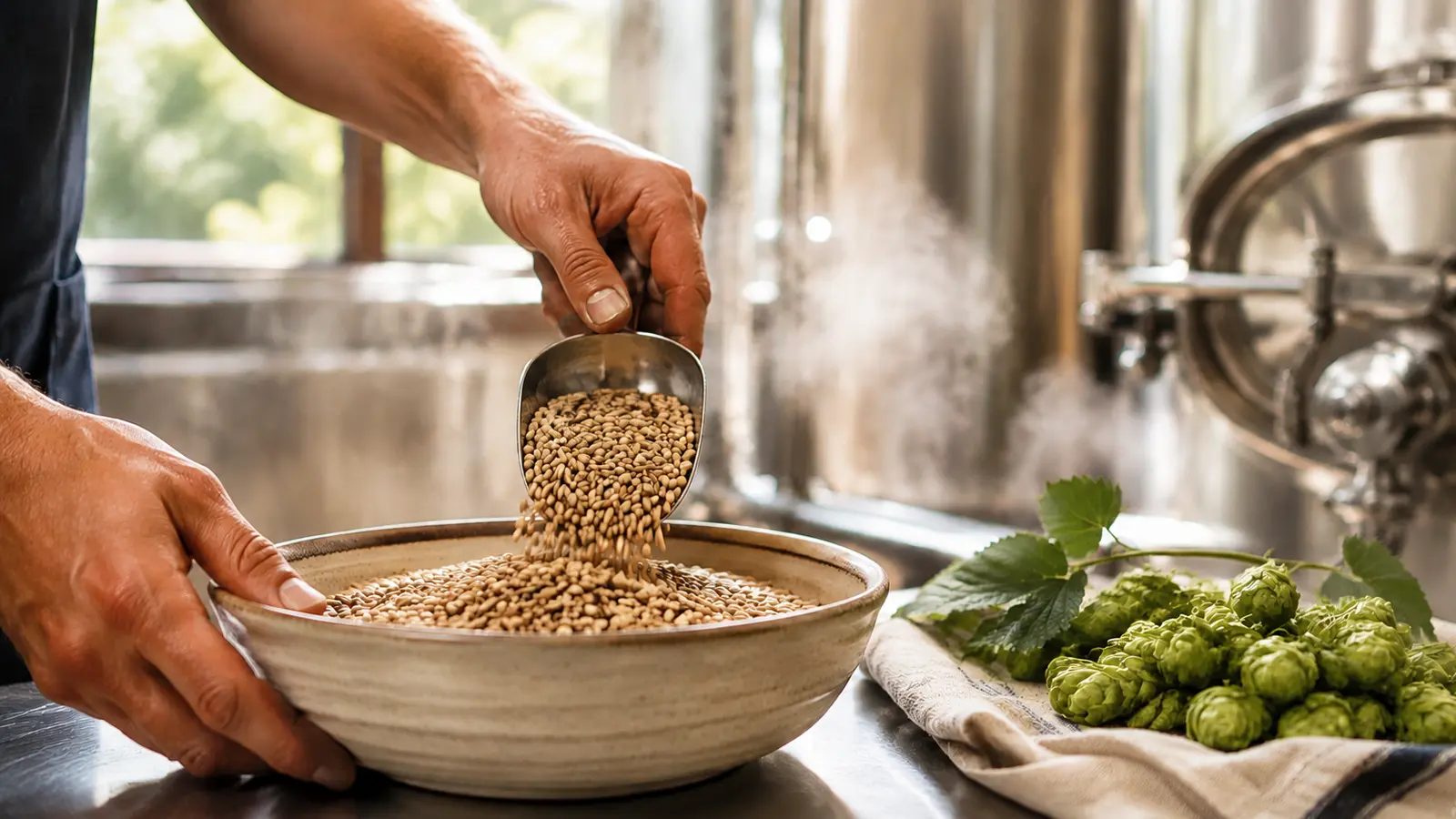 Malt and hops measured carefully beside brewing equipment