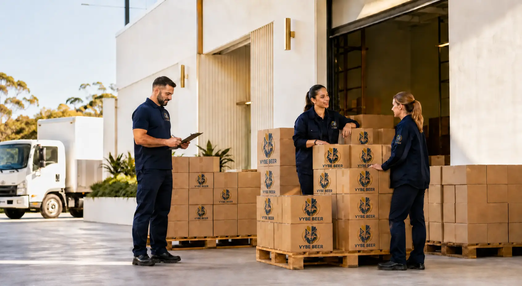 Distribution staff coordinating VYBE Beer cartons in a bright logistics space