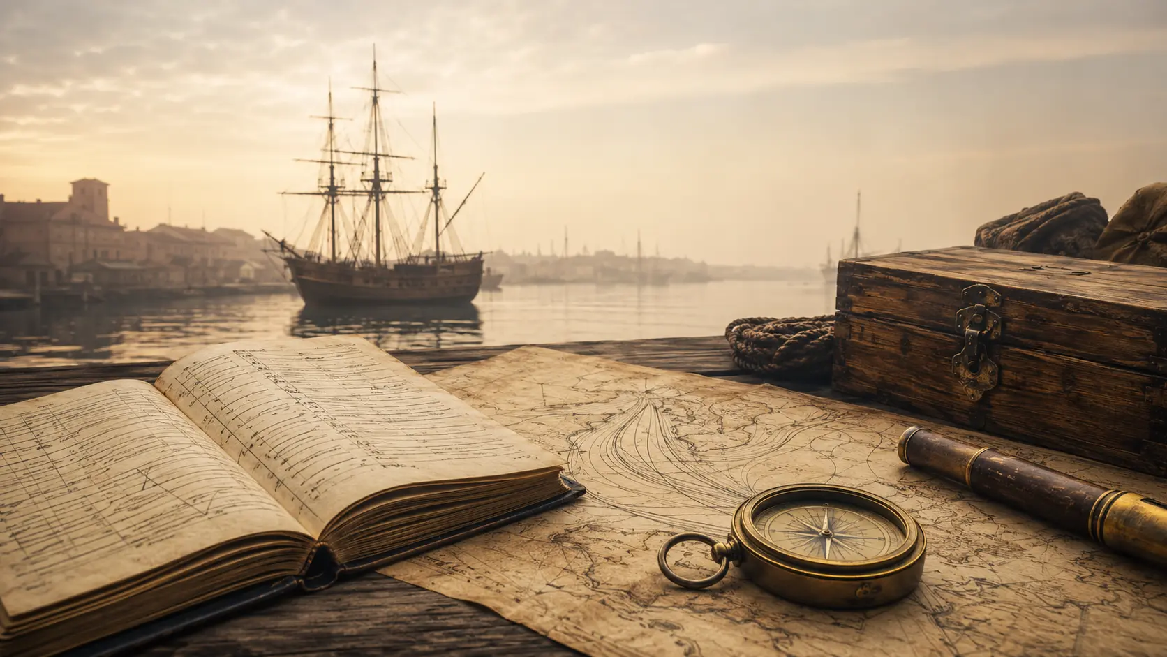 Archival port, sailing ship, trade ledger, map and compass representing the East India Company era