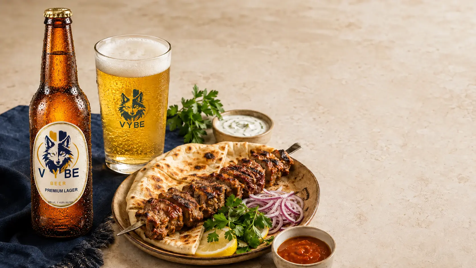 VYBE Premium Lager and a branded beer glass beside flame-grilled kebab, flatbread, herbs and sauces
