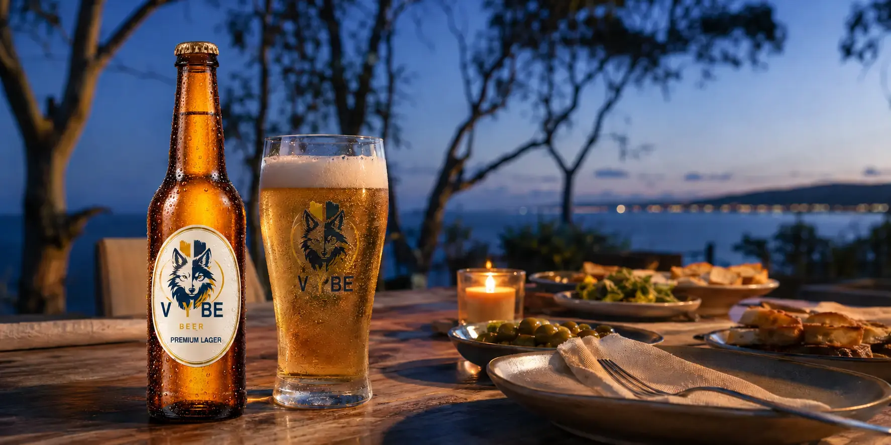 VYBE Premium Lager on a relaxed Australian outdoor dining table at blue hour