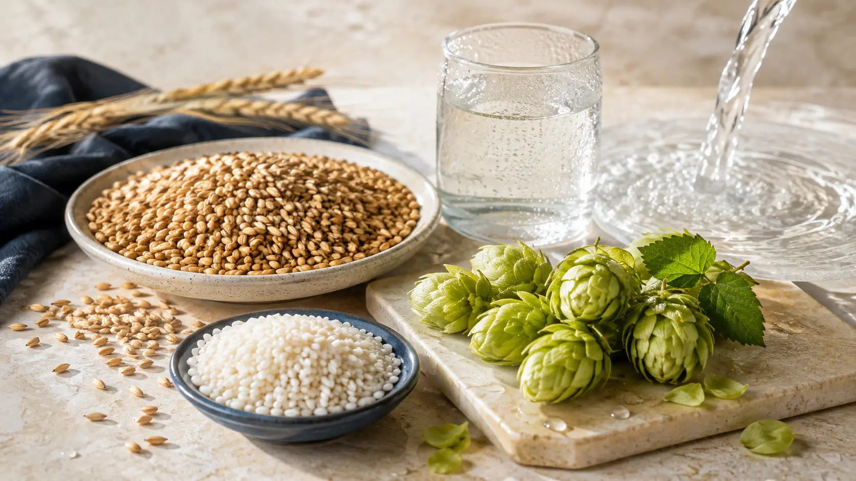 Malted barley, rice, hops and water arranged for brewing