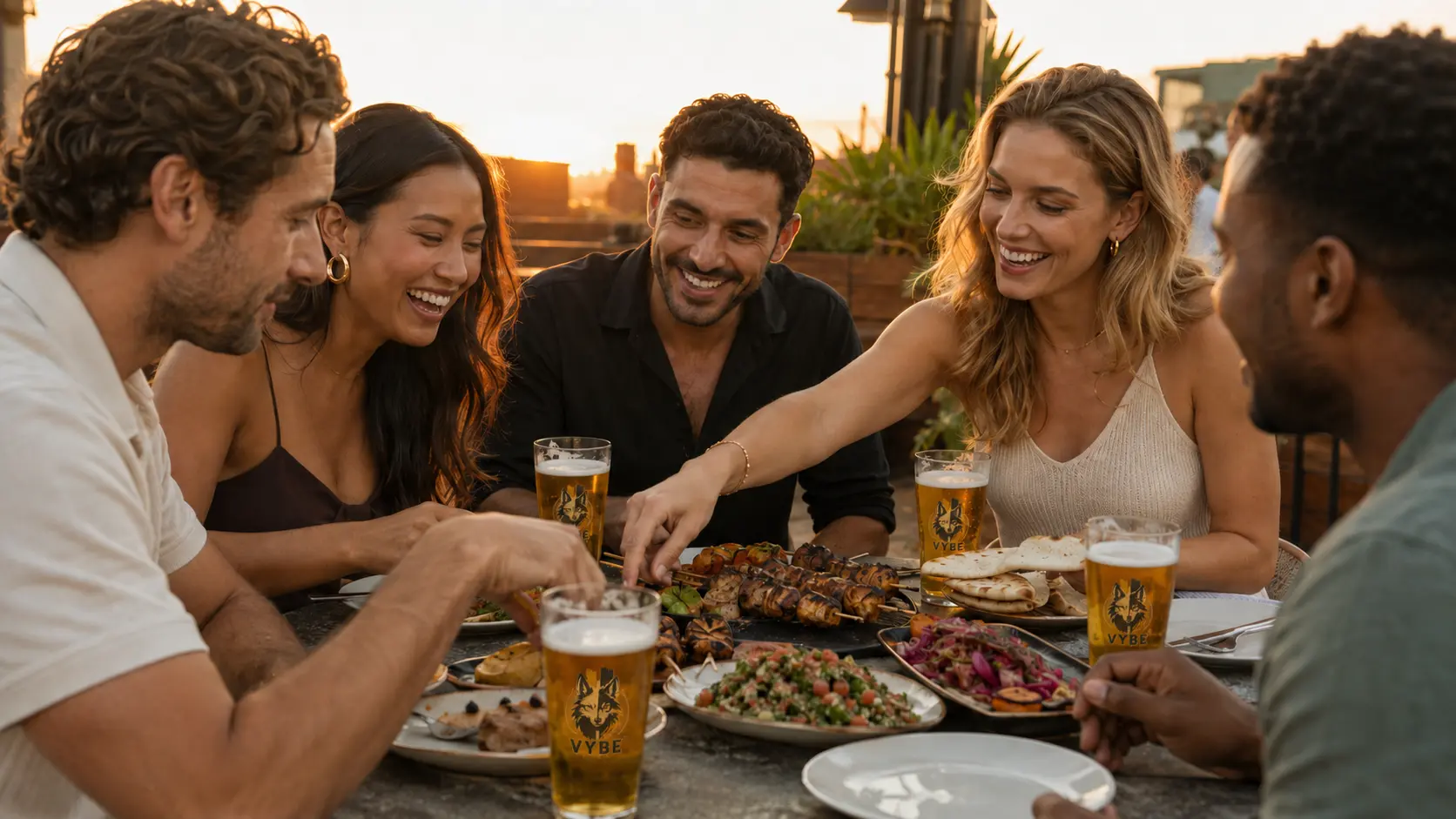 Friends sharing kebabs with VYBE branded golden lager glasses